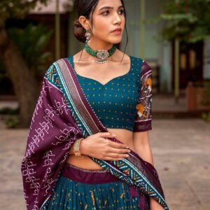 Maroon Tussar Silk Lehenga Choli with Bottle Green Blouse | Patola Print & Foil Work | Wedding & Festive Wear